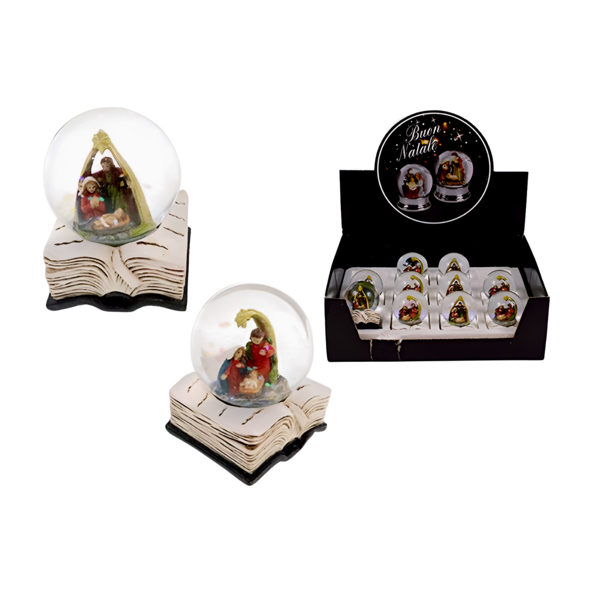 Two nativity scene snow globes with Mary, Joseph and baby Jesus on whitewashed open Bible bases