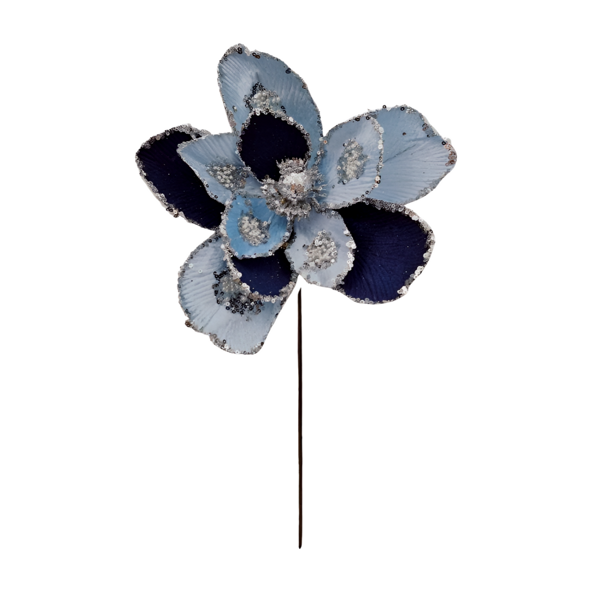 Navy and blue two-tone flower Christmas pick with silver sequin edging and glitter detail