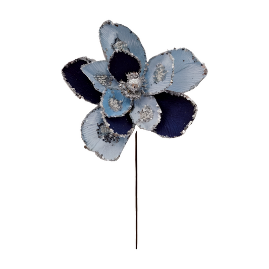 Navy and blue two-tone flower Christmas pick with silver sequin edging and glitter detail
