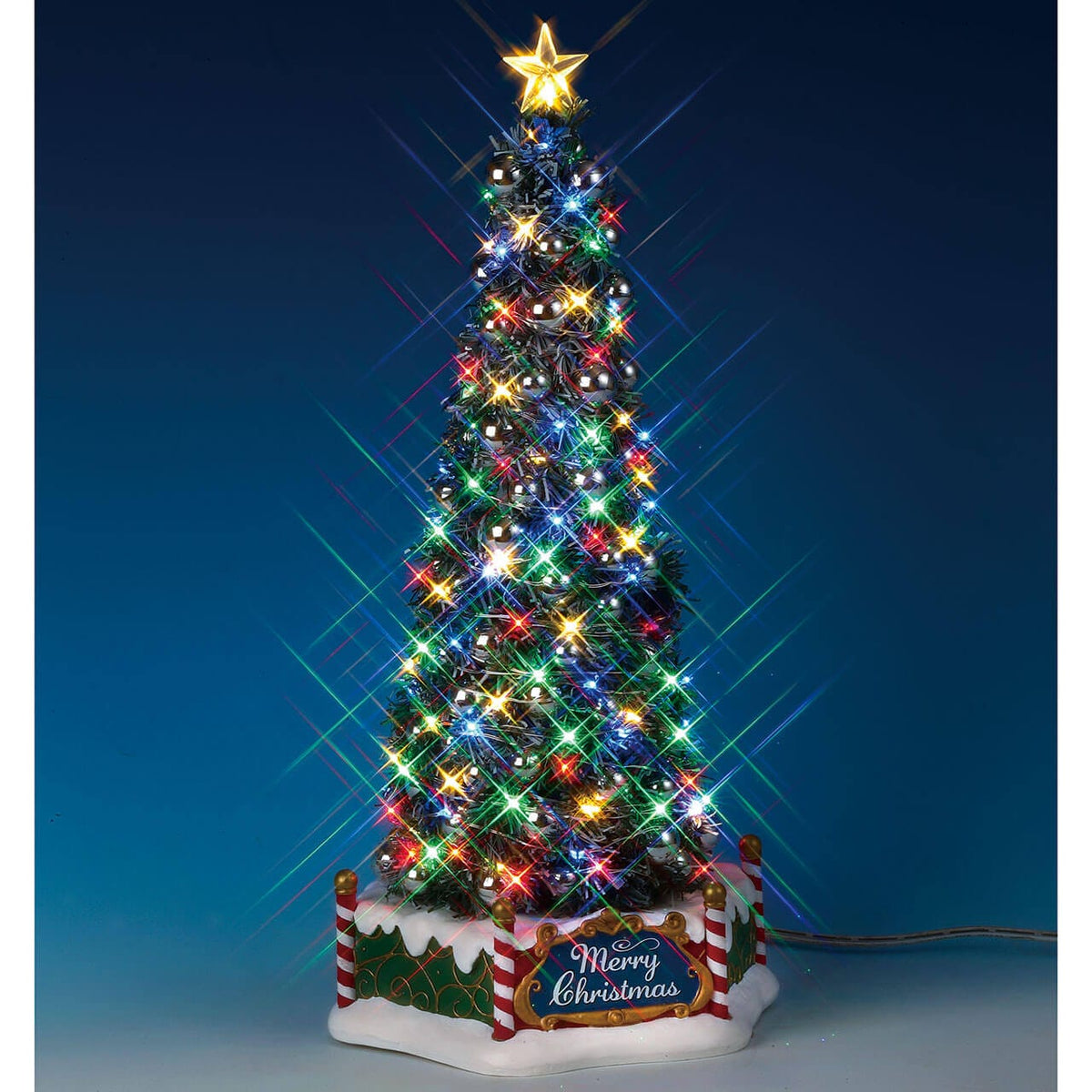 Lemax lit Christmas tree with star topper and Merry Christmas base, sparkling multicolour lights