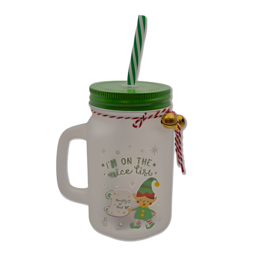 Frosted glass elf Nice List Christmas mason jar with green lid, striped straw and jingle bell