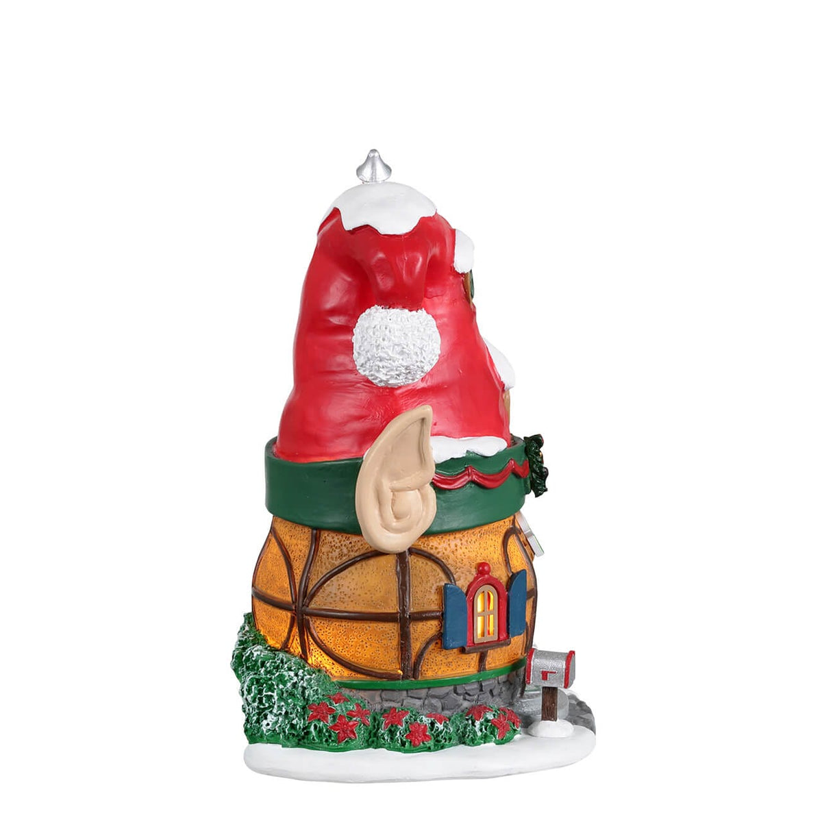 Side view of Lemax elf house with Santa hat roof, elf ears and festive poinsettia border