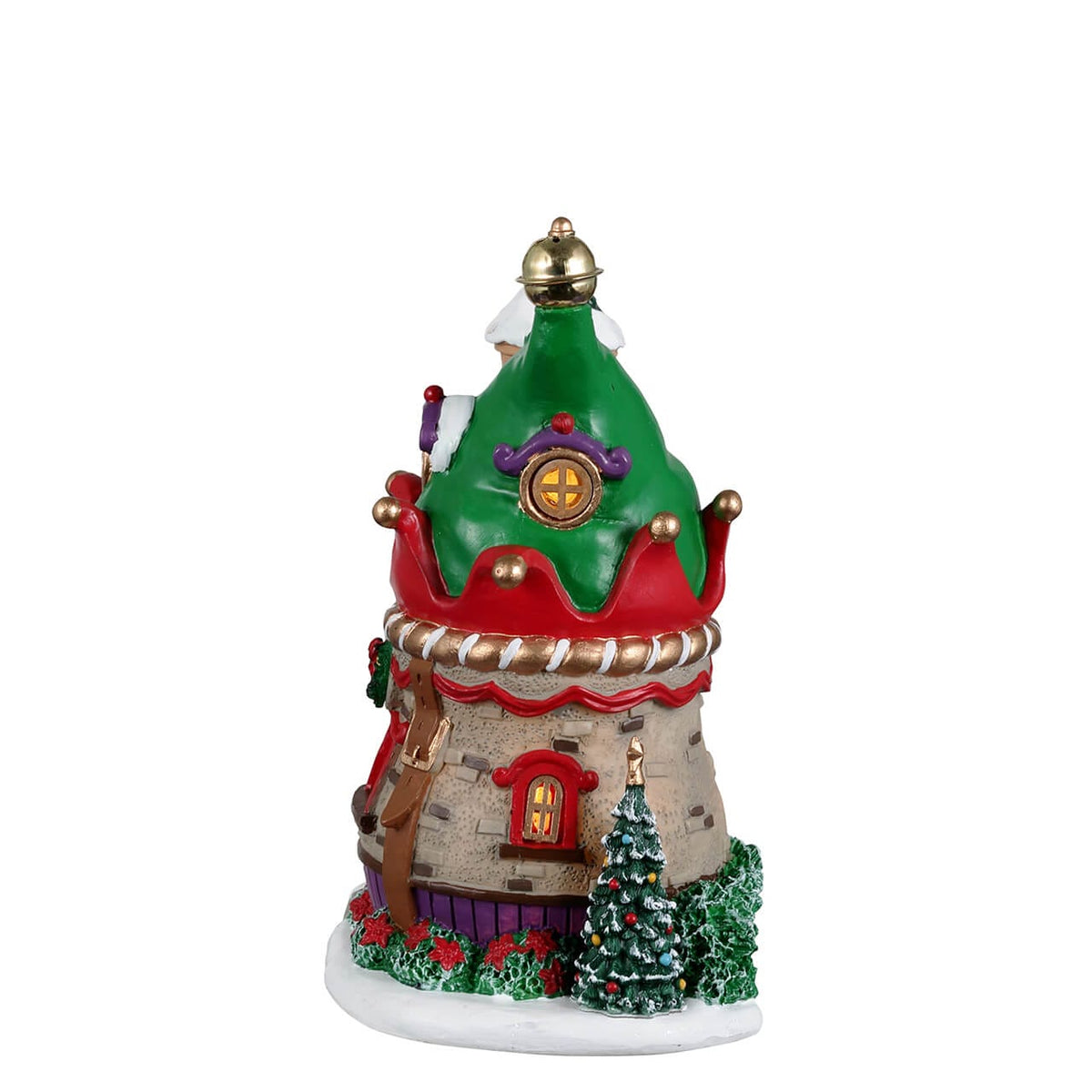 Rear view of Lemax Elf Lane house showing hat-shaped roof, lamp post and Christmas tree