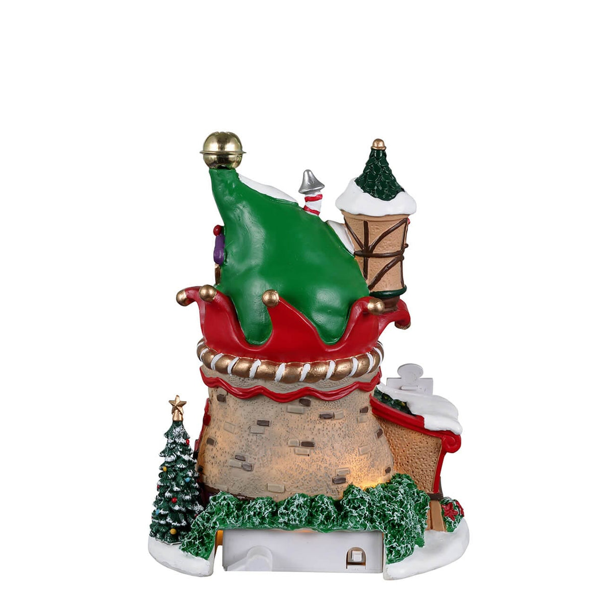 Lemax Elf Lane No.2 house with jester hat roof, lit window showing dancing elves