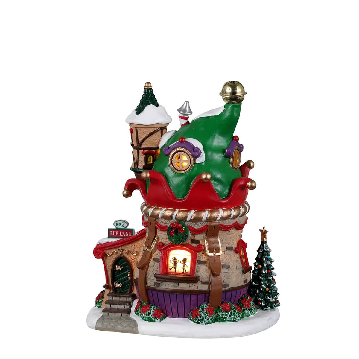 Lemax Elf Lane No.2 house shaped like an elf hat with jester-style trim and bell topper