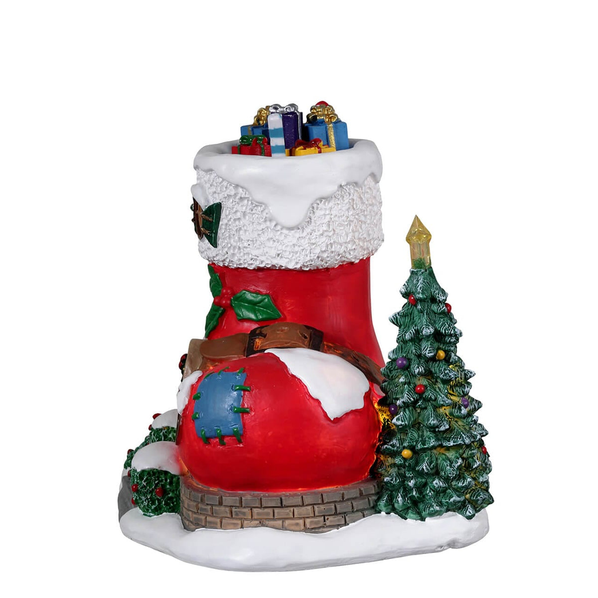 Front view of Lemax Elf Lane No.3 stocking house with wreath door and gift-filled top
