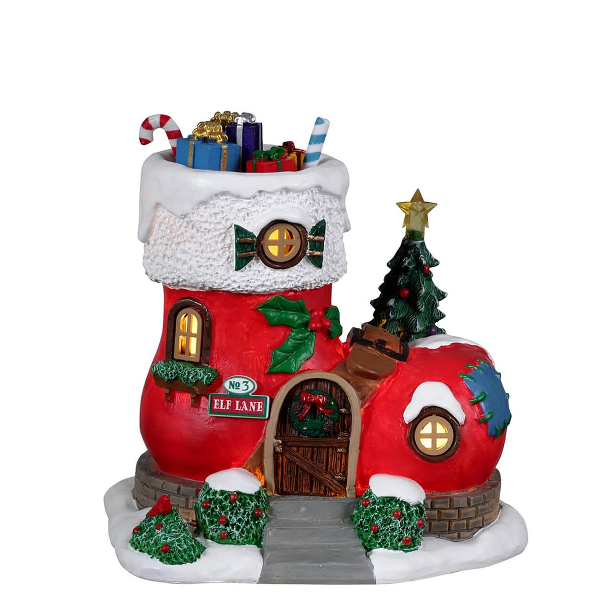Lemax Elf Lane No.3 house shaped like a red Christmas stocking filled with gifts