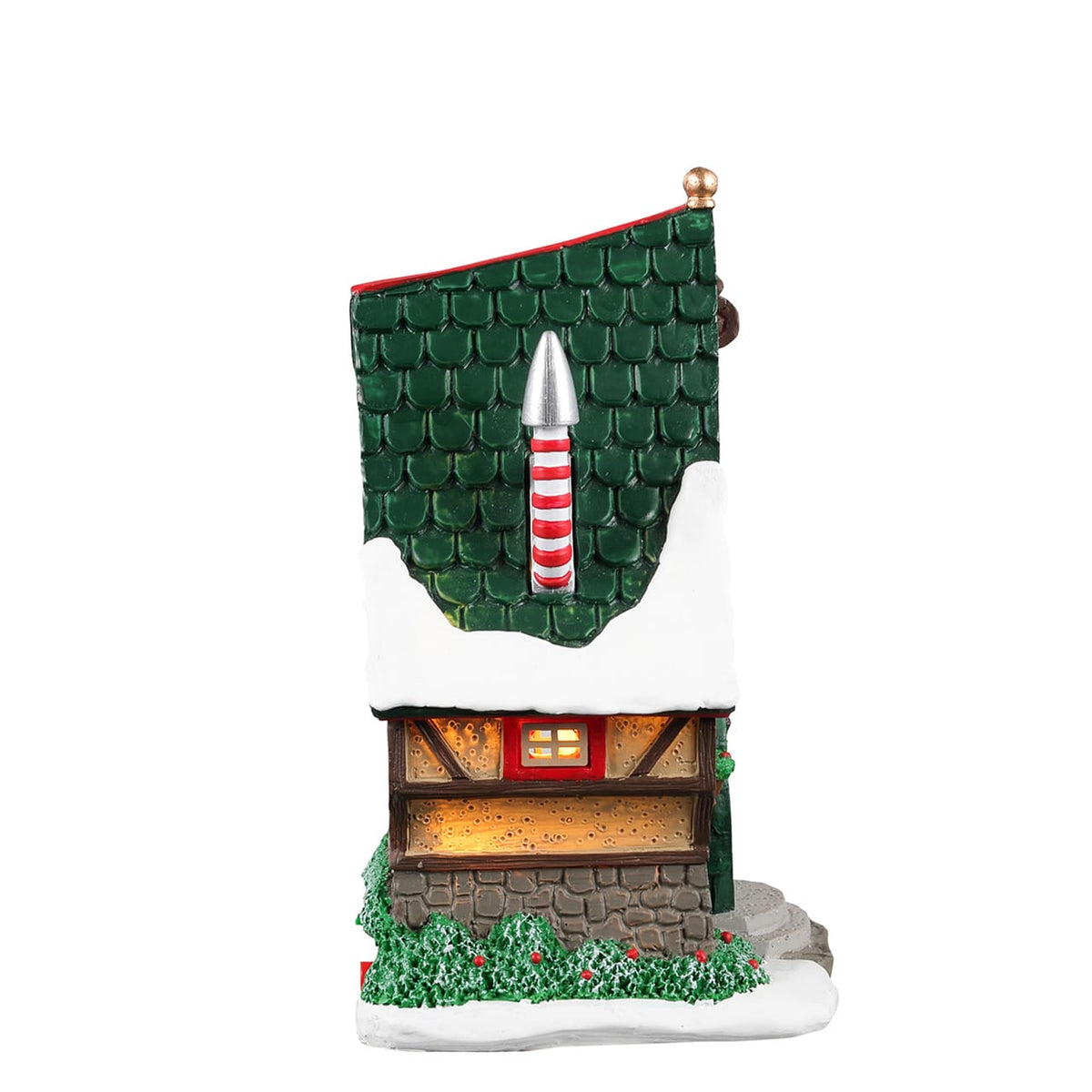 Front view of Lemax Elf Lane No.4 house with red trim, arched door and wreath detail