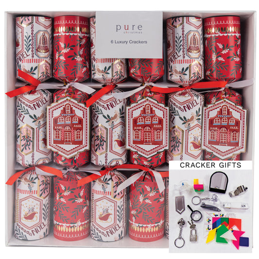 Box of six Noel house luxury Christmas crackers in red and white with Scandinavian design and house gift tags