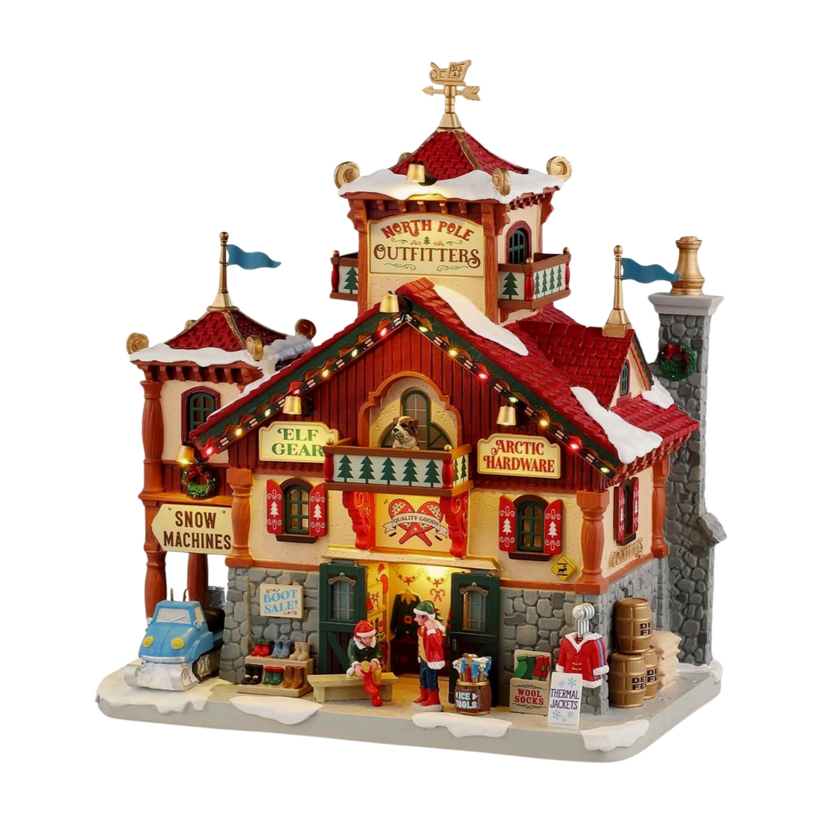 Lit North Pole Outfitters village building with Elf Gear and Arctic Hardware signs, elf figurines, boot sale display, and blue flag towers