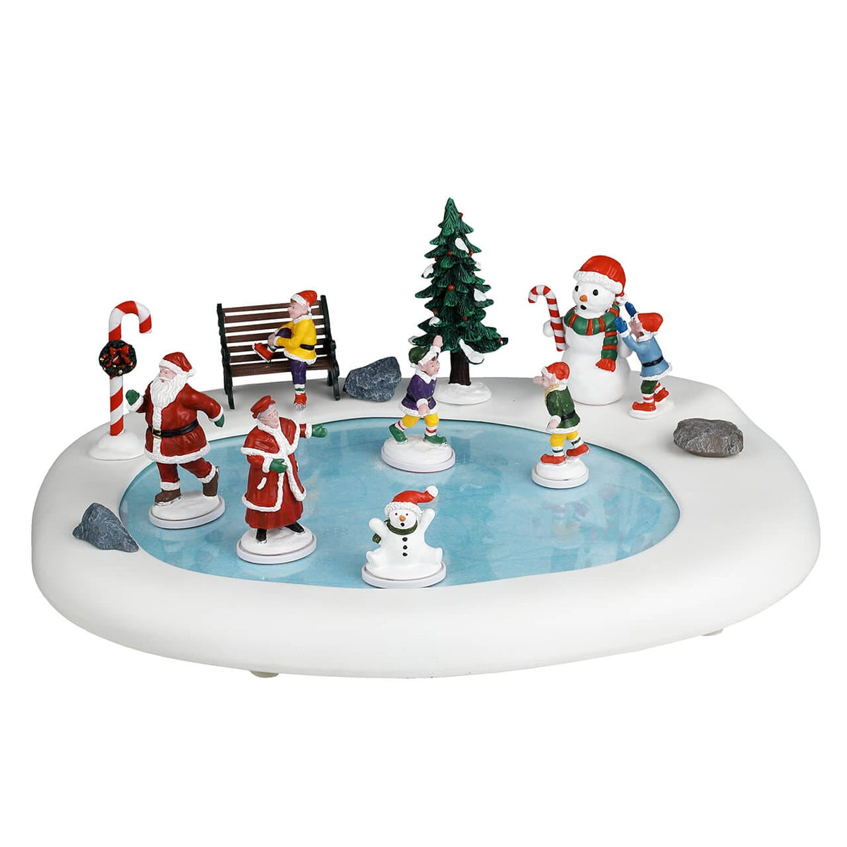 Lemax animated skating pond scene with Santa, Mrs Claus, children and snowman figures