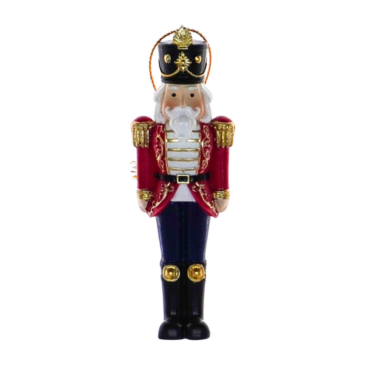 Nutcracker guard Christmas tree decoration in red jacket with black and gold military cap