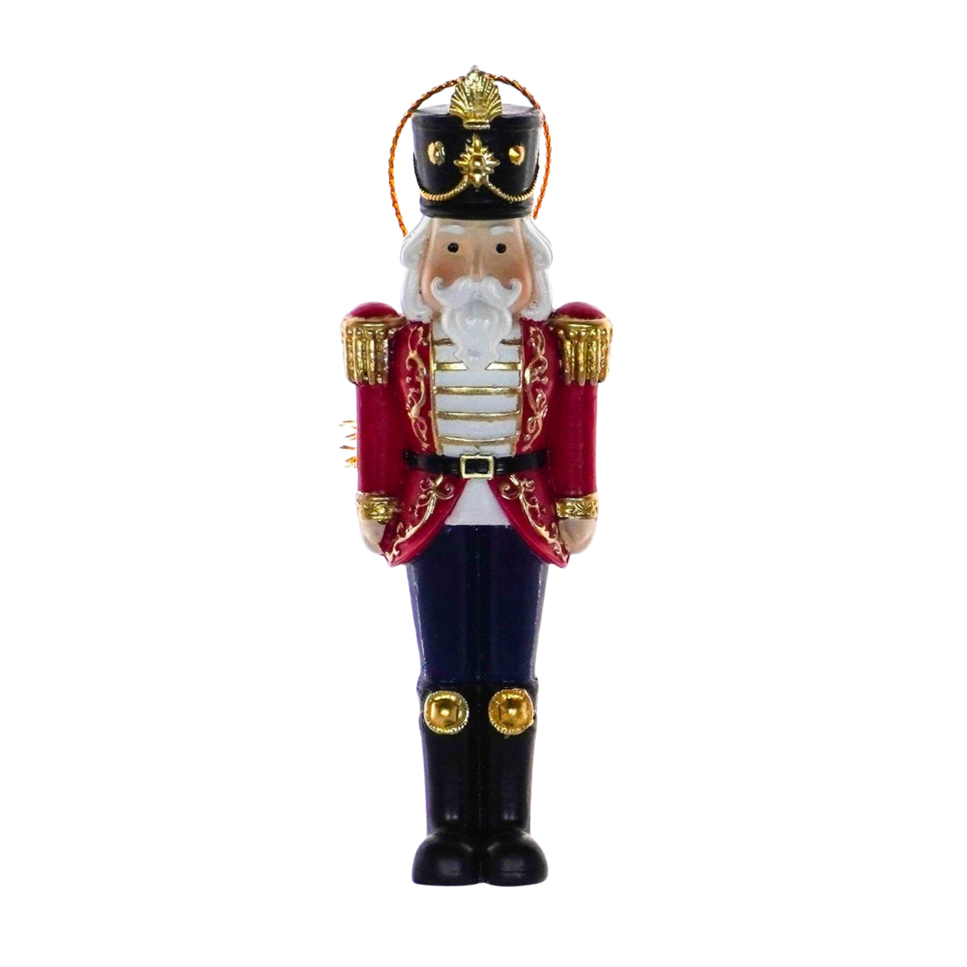 Nutcracker guard Christmas tree decoration in red jacket with black and gold military cap