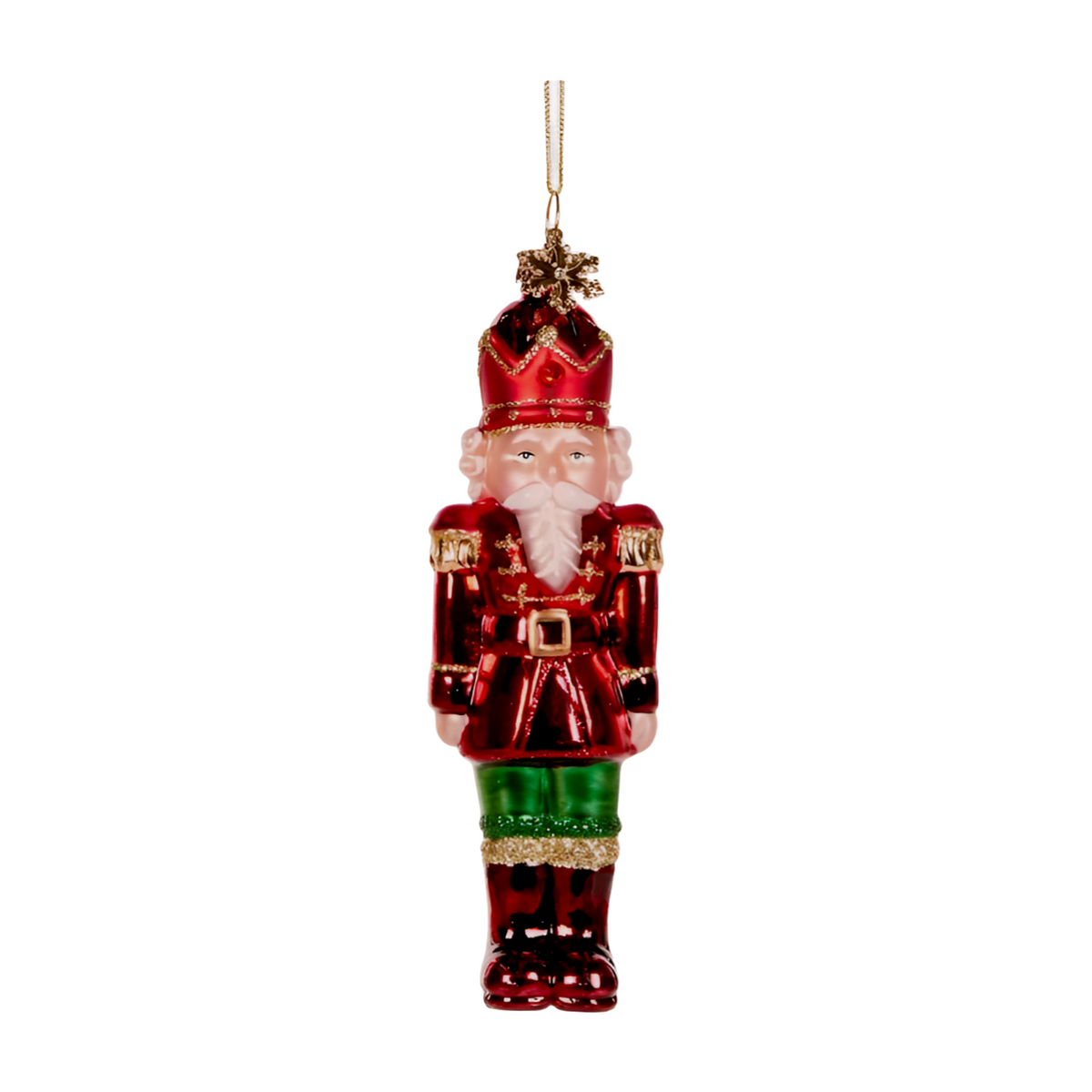 Glass nutcracker decoration in red and green with gold detailing and a golden star on top