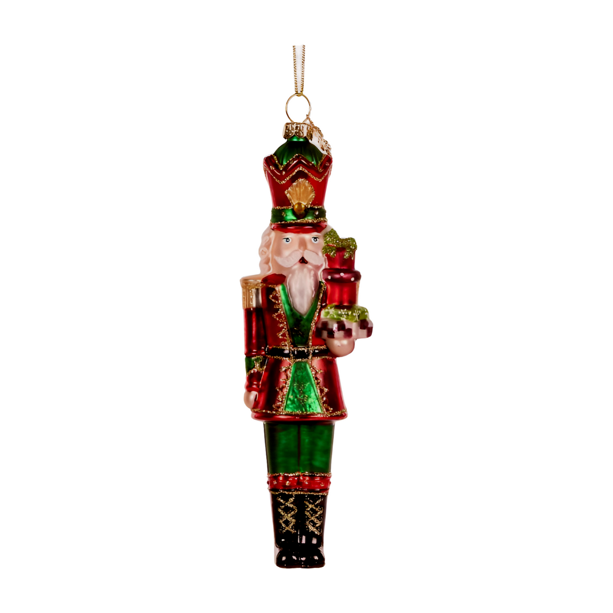 Glass nutcracker decoration in red and green holding stacked gifts with gold and glitter accents