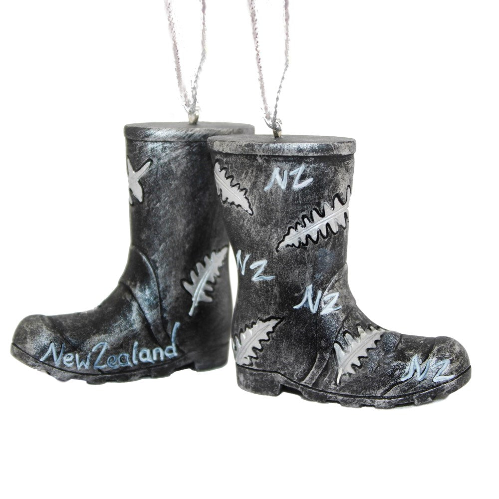 Pair of miniature black NZ gumboots hanging Christmas ornament with silver fern detail