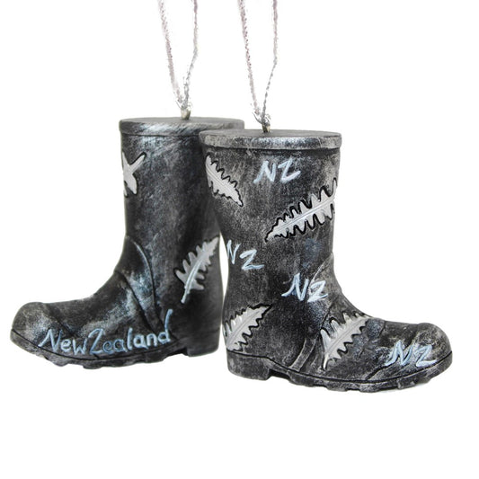 Pair of miniature black NZ gumboots hanging Christmas ornament with silver fern detail