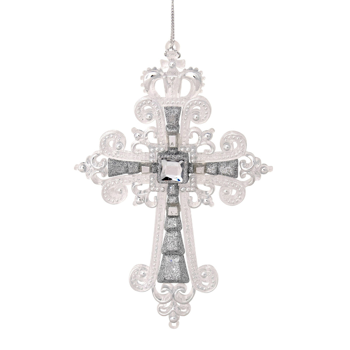 Ornate Acrylic Cross Christmas Tree Decoration – Silver