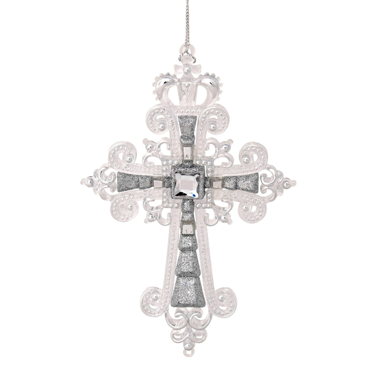 Ornate Acrylic Cross Christmas Tree Decoration – Silver