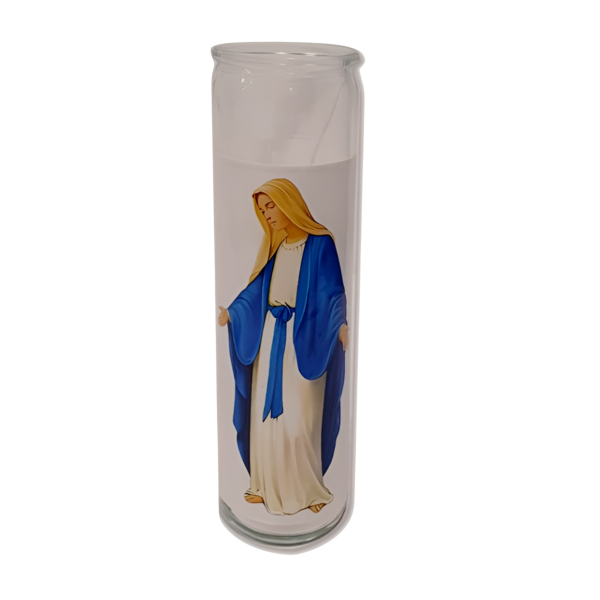 Tall glass prayer candle with Our Lady of Grace in blue mantle on white background
