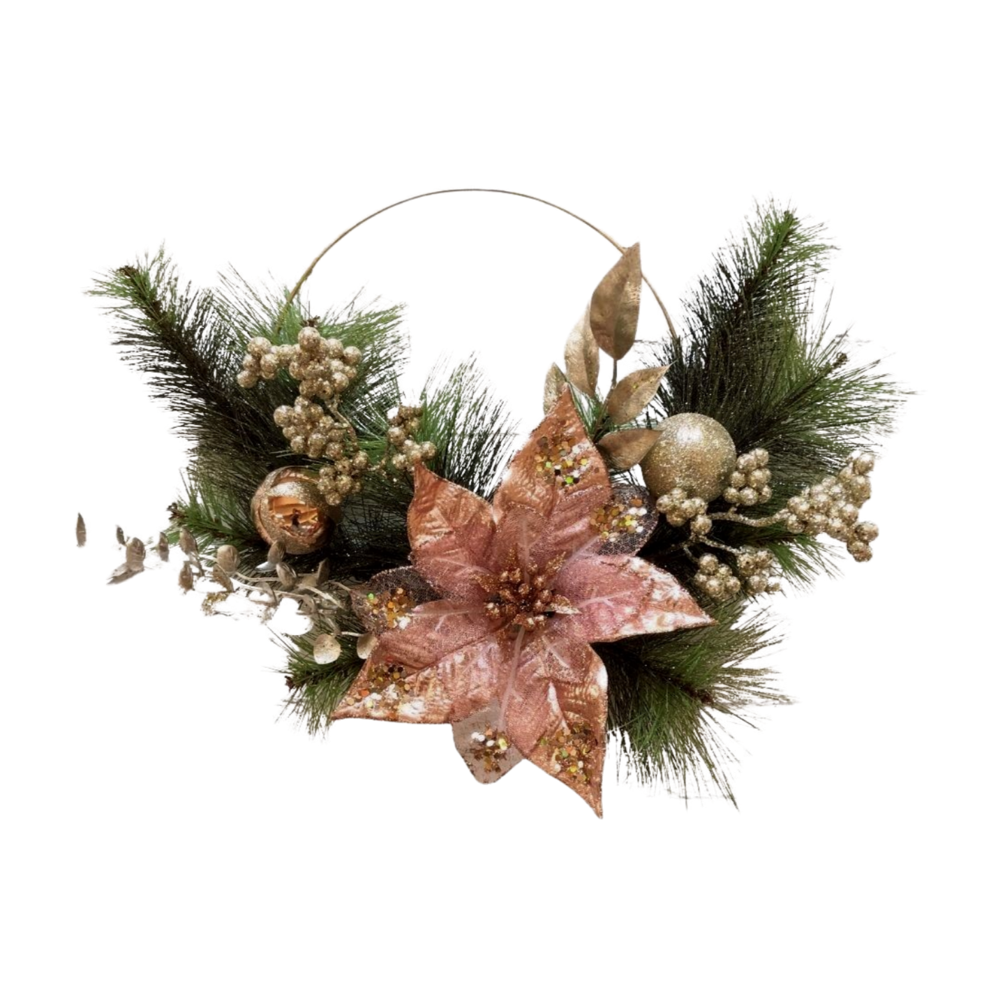 Pale pink poinsettia wreath with pine greenery, gold berries, and shimmering accents on a gold hoop frame