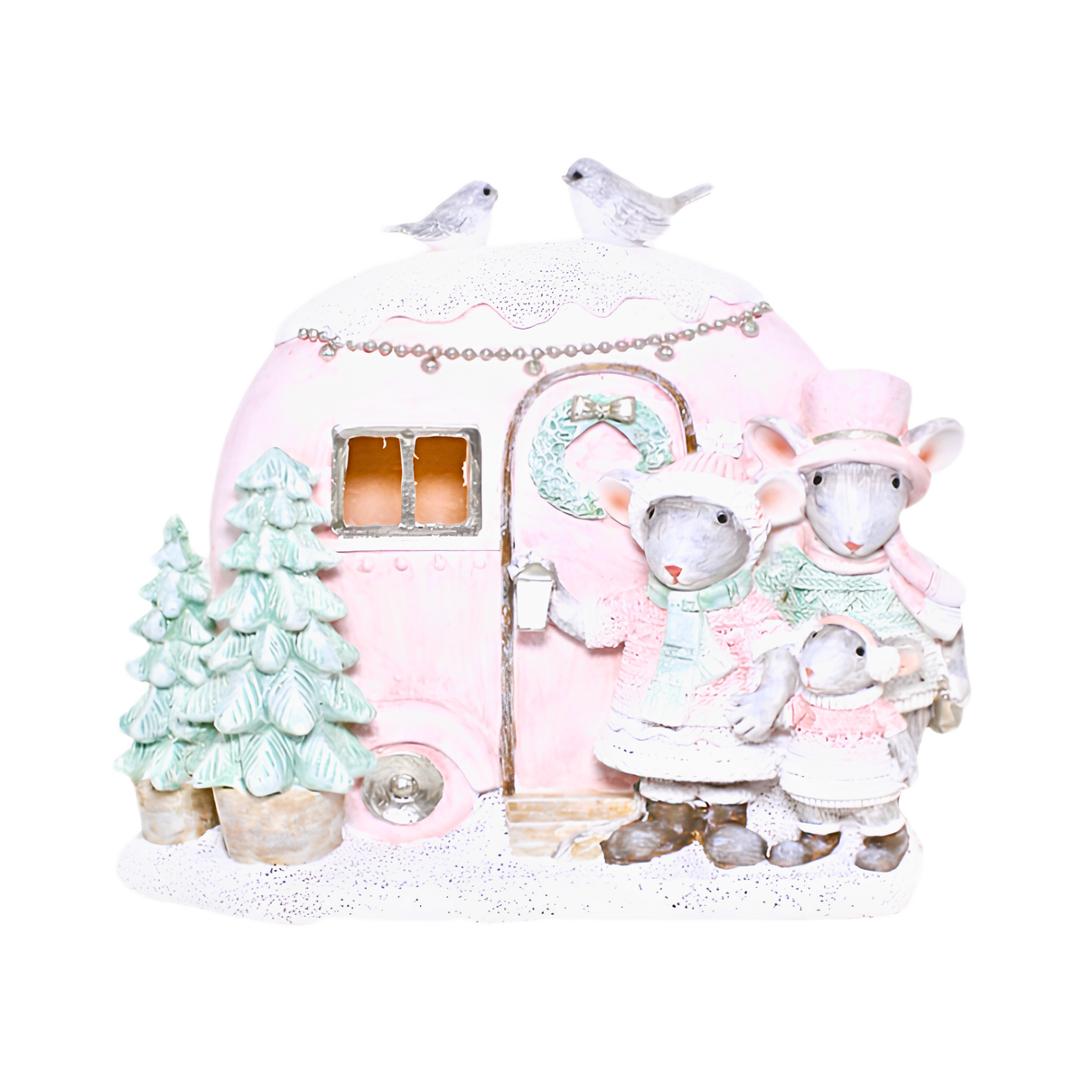 Pastel pink caravan Christmas figurine with mouse family, wreath, and birds on the roof