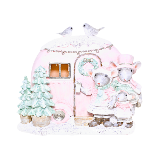 Pastel pink caravan Christmas figurine with mouse family, wreath, and birds on the roof