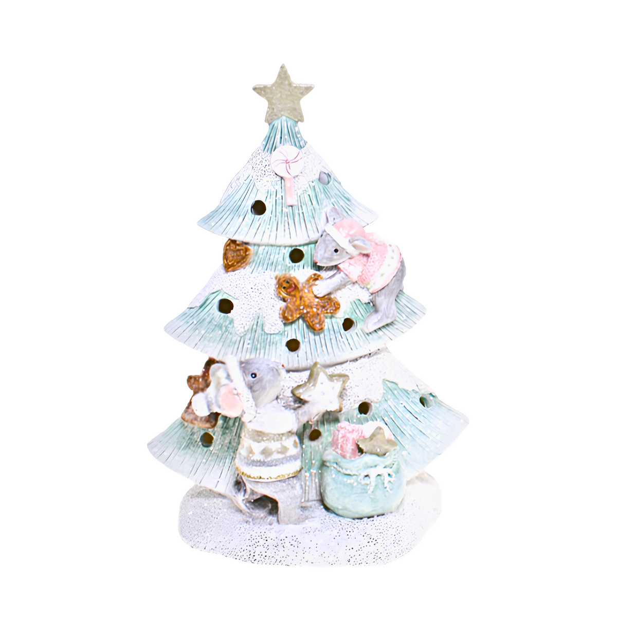 Pastel pink Christmas stocking figurine with mice climbing a ladder and gifts at the top
