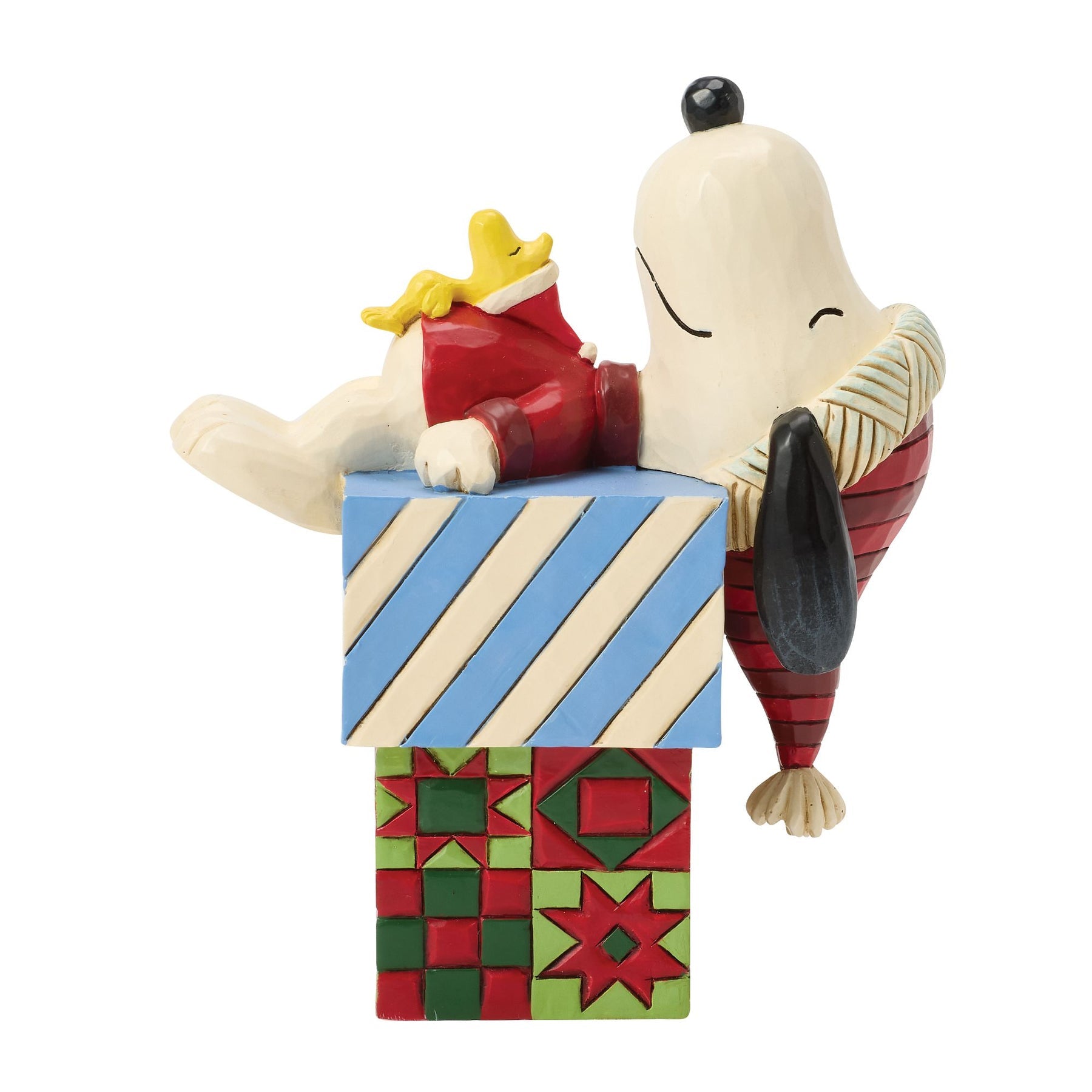 Front on angle of Snoopy and Woodstock Christmas figurine, striped nightcap and red quilt folk art gift box base visible