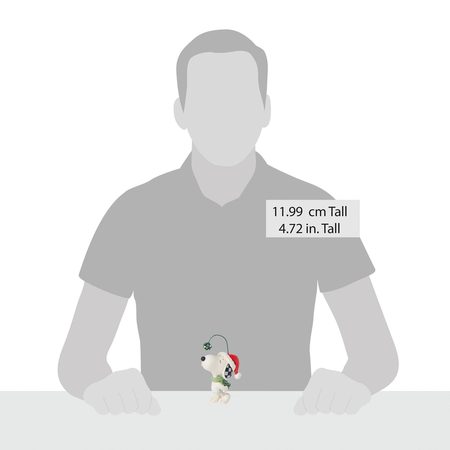 Snoopy with mistletoe figurine size comparison with adult male silhouette, 11.99cm / 4.72 inches tall 