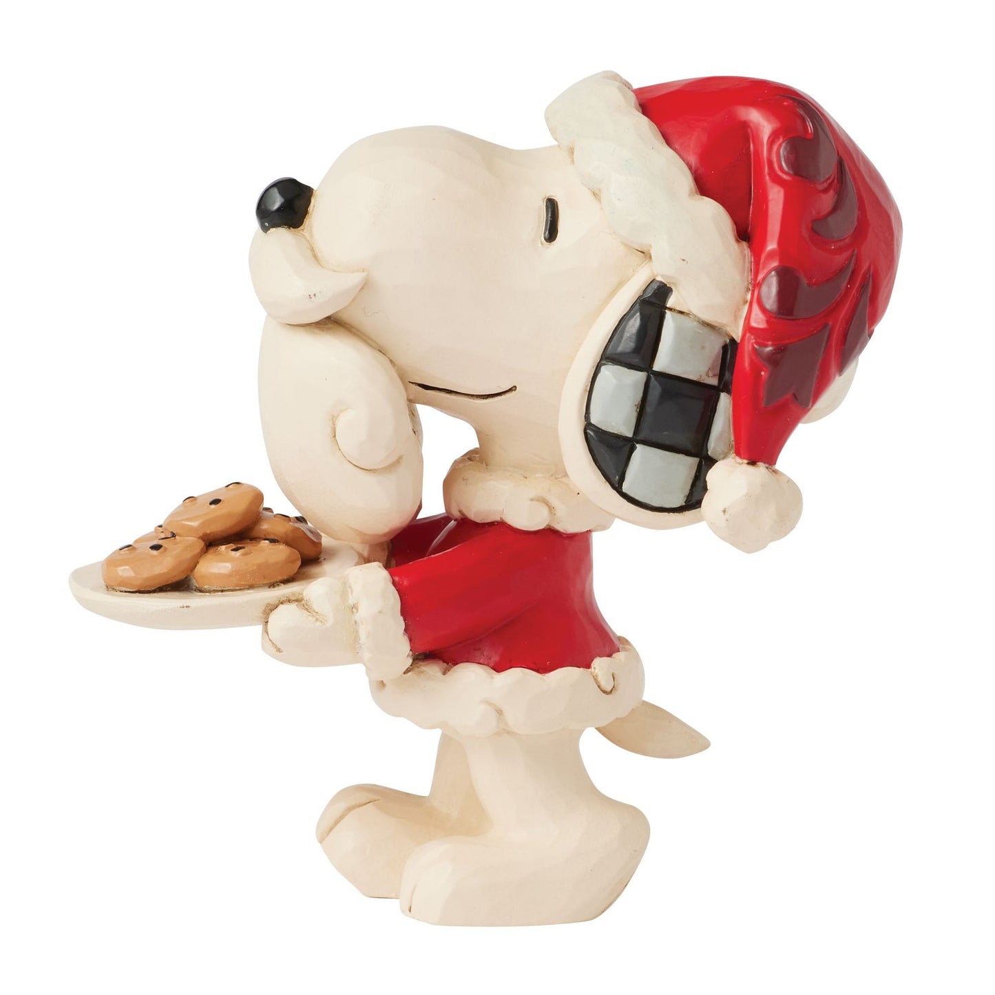 Snoopy figurine in red Santa suit and hat with checkered ear detail, holding a tray of gingerbread cookies