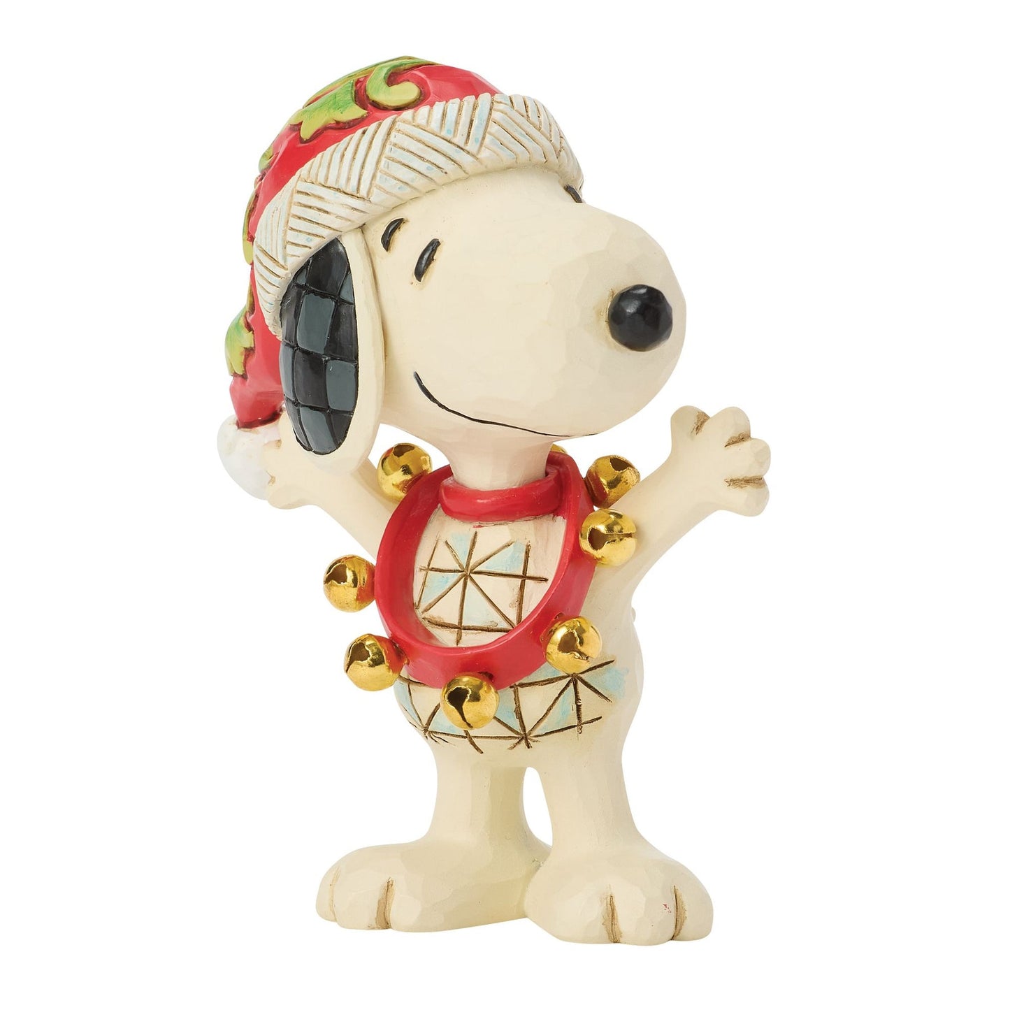 Front view of Snoopy Christmas figurine in red folk art Santa hat with green scrollwork, gold jingle bell wreath, arms wide 