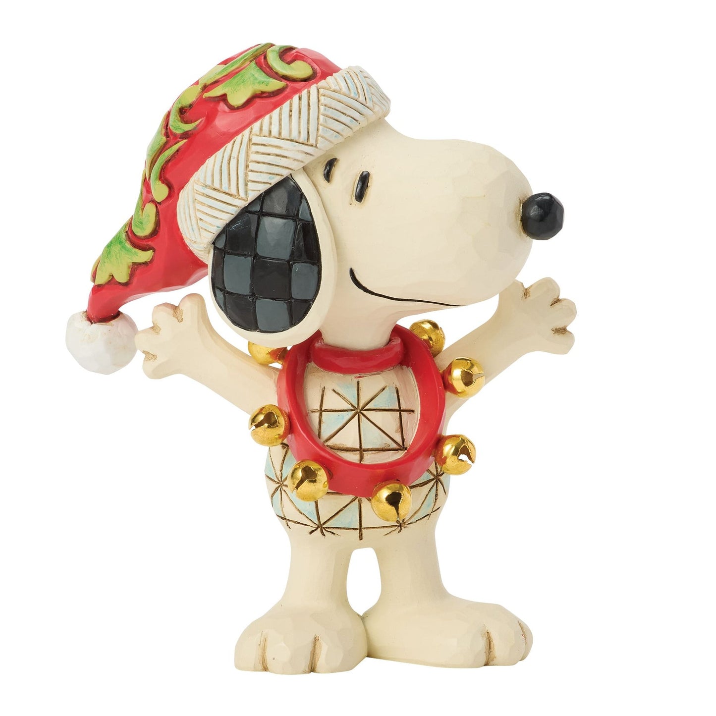 Snoopy Christmas figurine, arms outstretched, red folk art Santa hat with green scrollwork, gold jingle bell wreath on chest