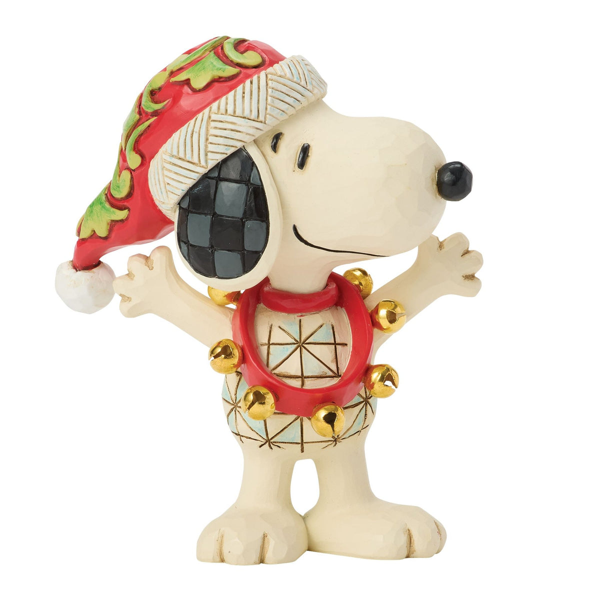 Snoopy Christmas figurine, arms outstretched, red folk art Santa hat with green scrollwork, gold jingle bell wreath on chest