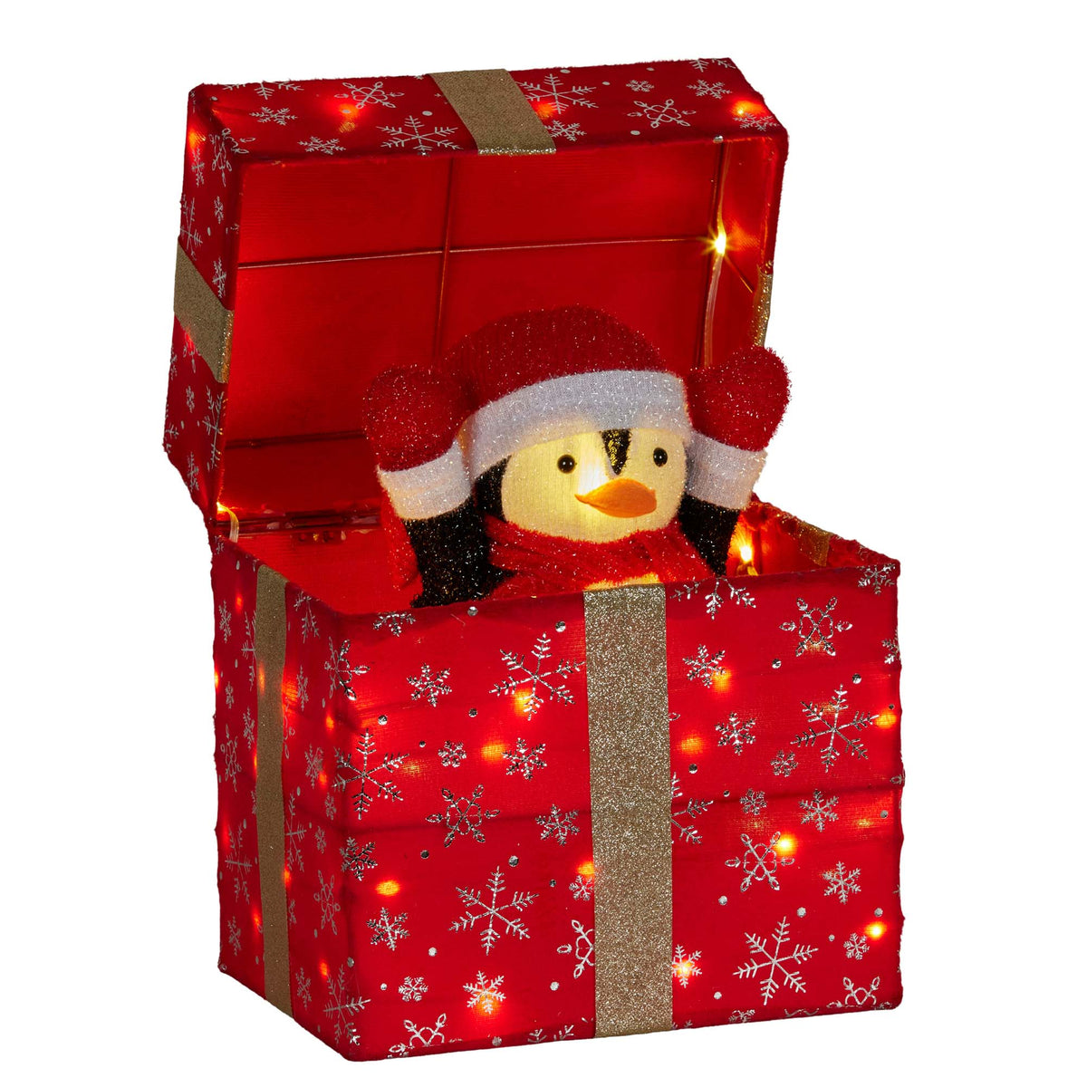 Red LED light-up gift box decoration with penguin in Santa hat popping out and snowflake detail, lit