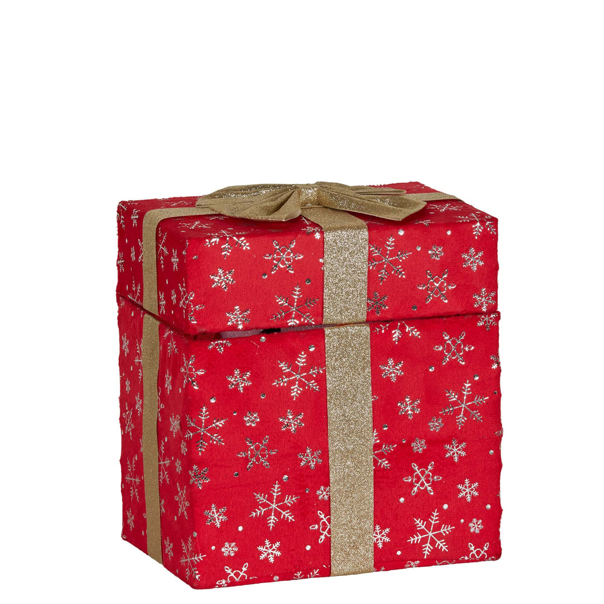 Red snowflake gift box decoration with gold glitter ribbon and bow, unlit

