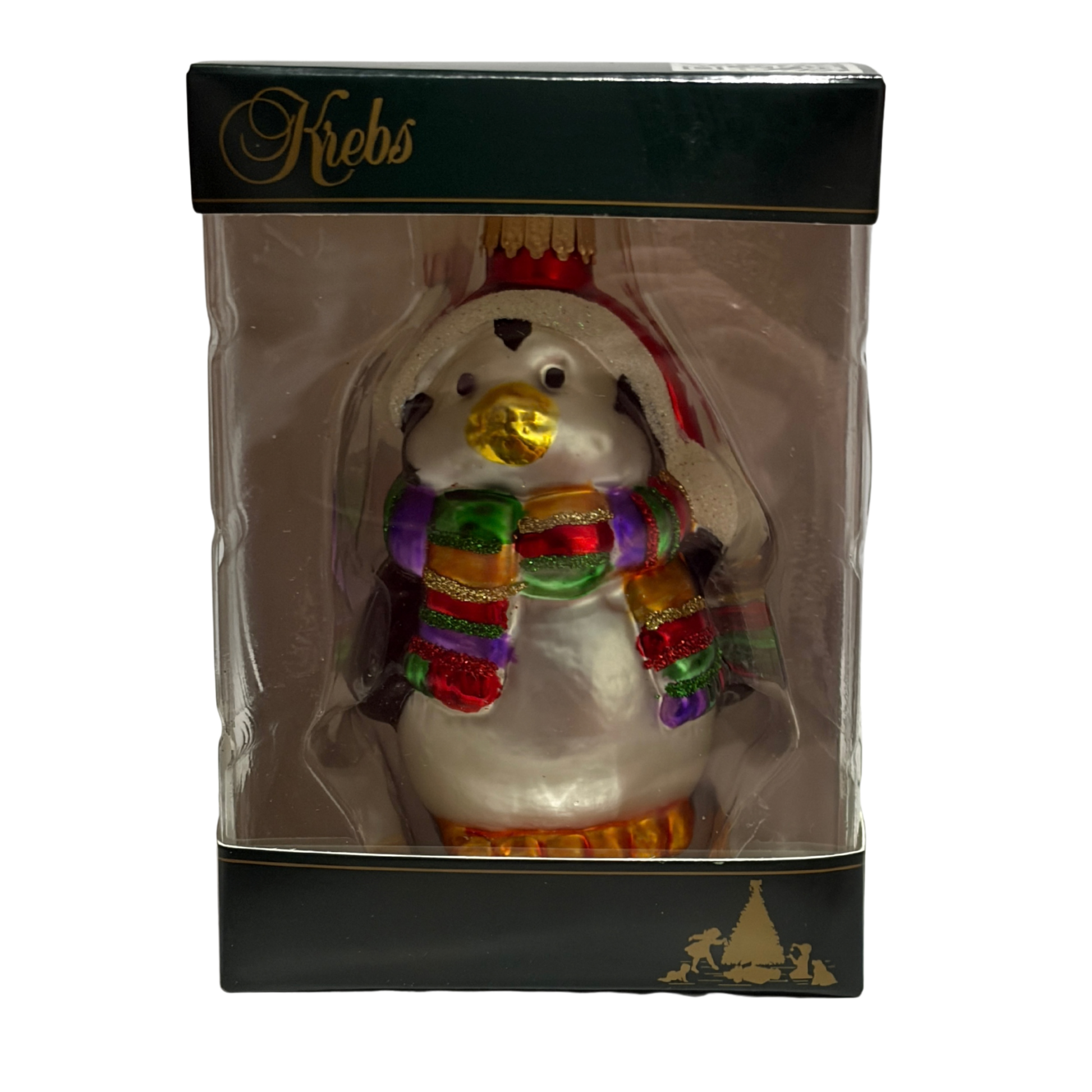 Penguin ornament with a colorful scarf in packaging, brand 'Kiehs' visible