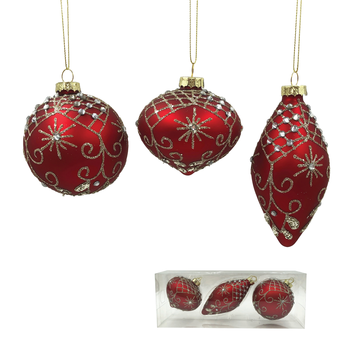 Set of three red and gold glass baubles with pinecone design and gold caps, in gift box
