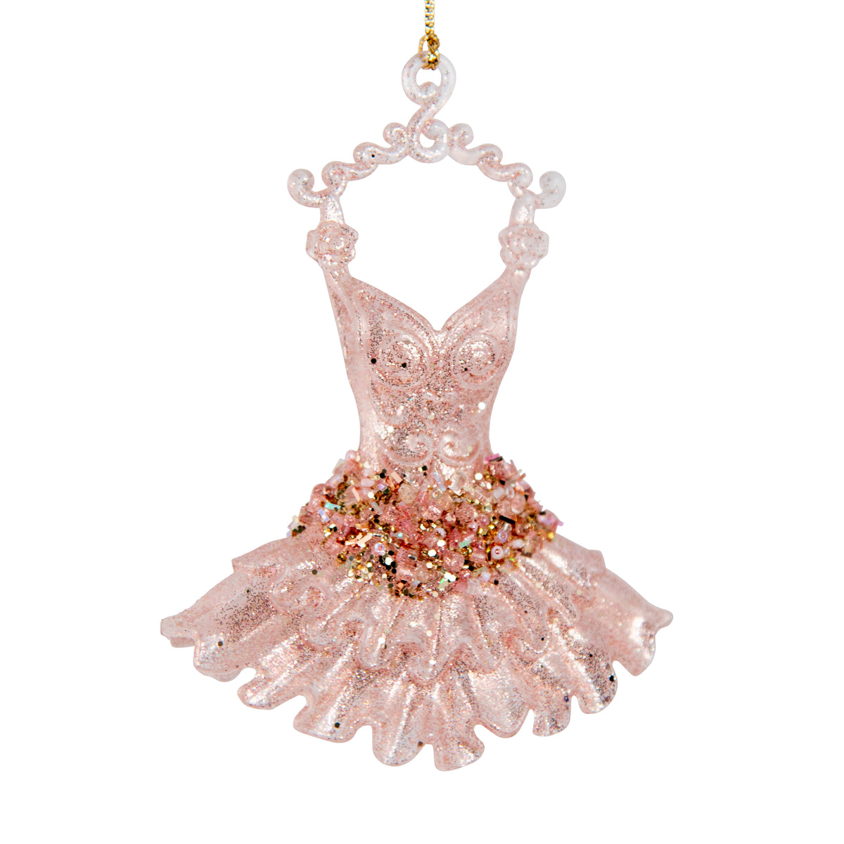 Pink acrylic ballerina tutu Christmas tree decoration with glitter detail and pink and gold bead and sequin waist trim