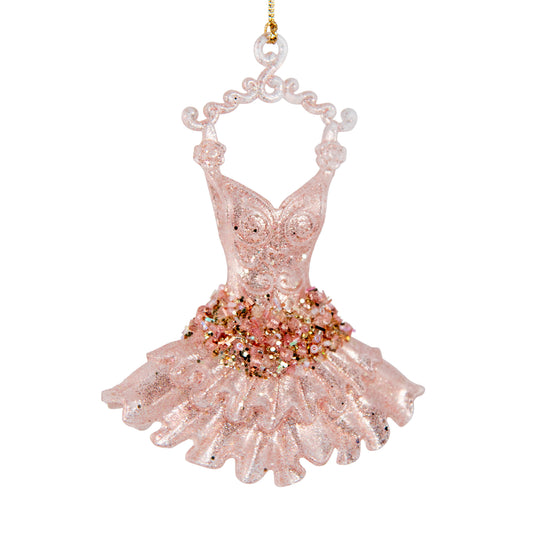 Pink acrylic ballerina tutu Christmas tree decoration with glitter detail and pink and gold bead and sequin waist trim