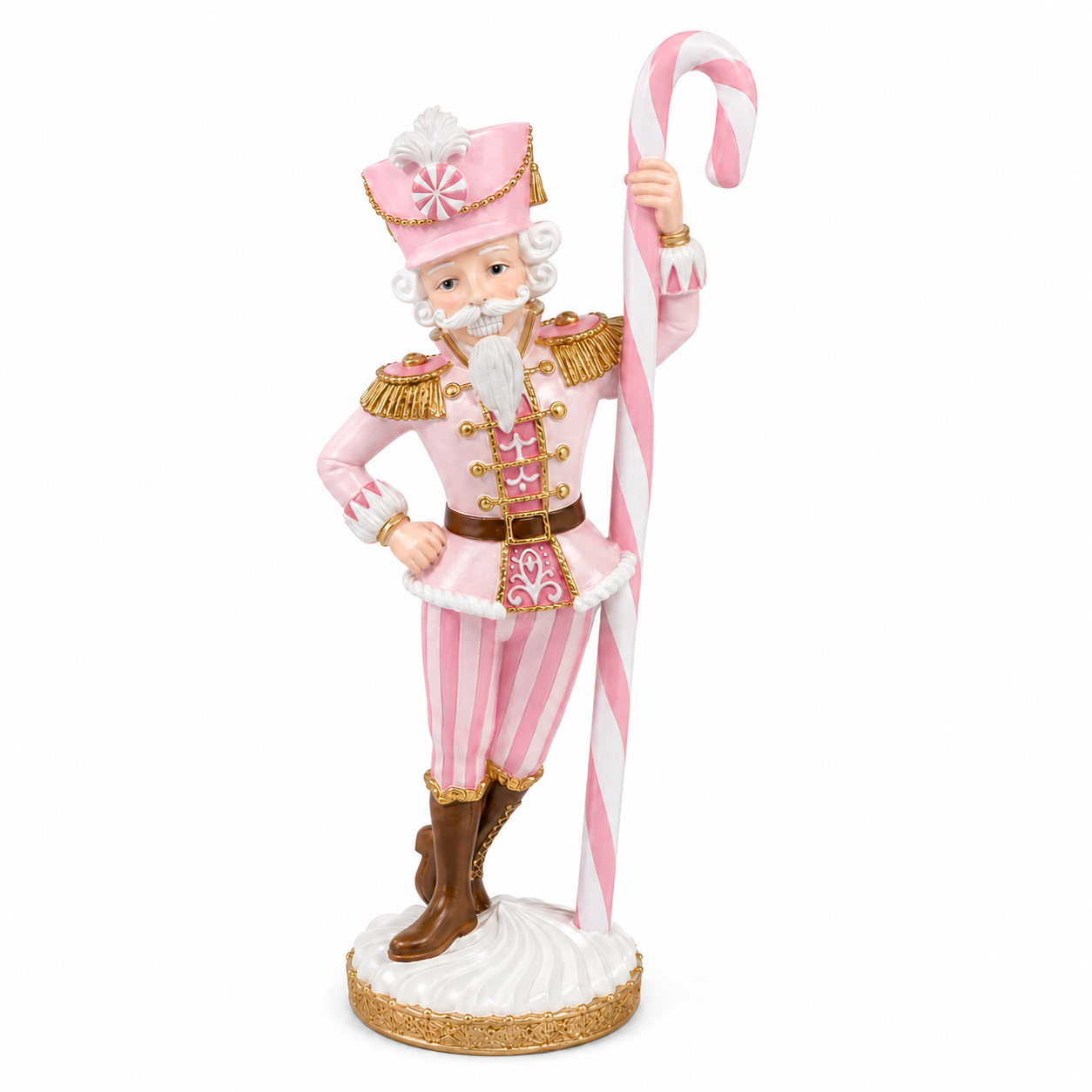 Pink candy cane nutcracker figurine in striped costume with gold epaulettes leaning on oversized candy cane
