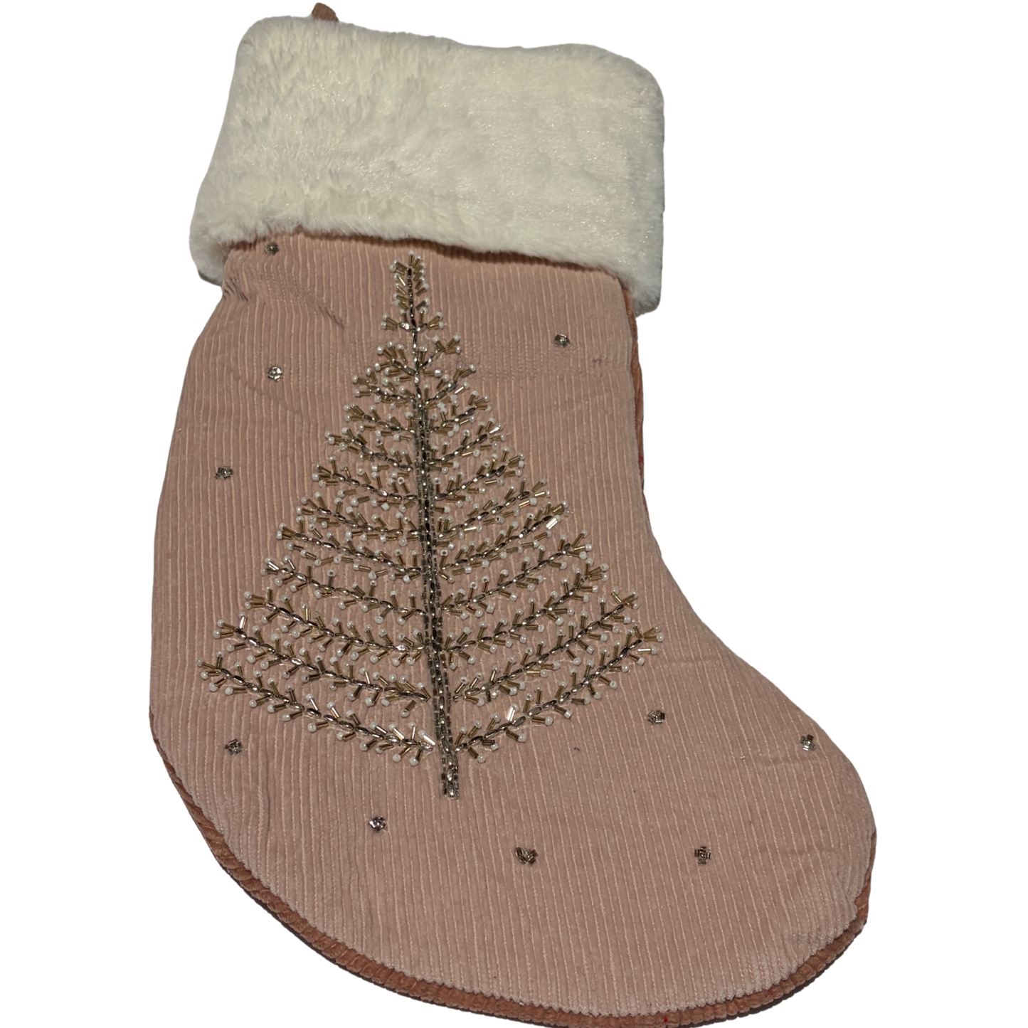 Pink corduroy Christmas stocking with beaded tree design and white faux fur cuff