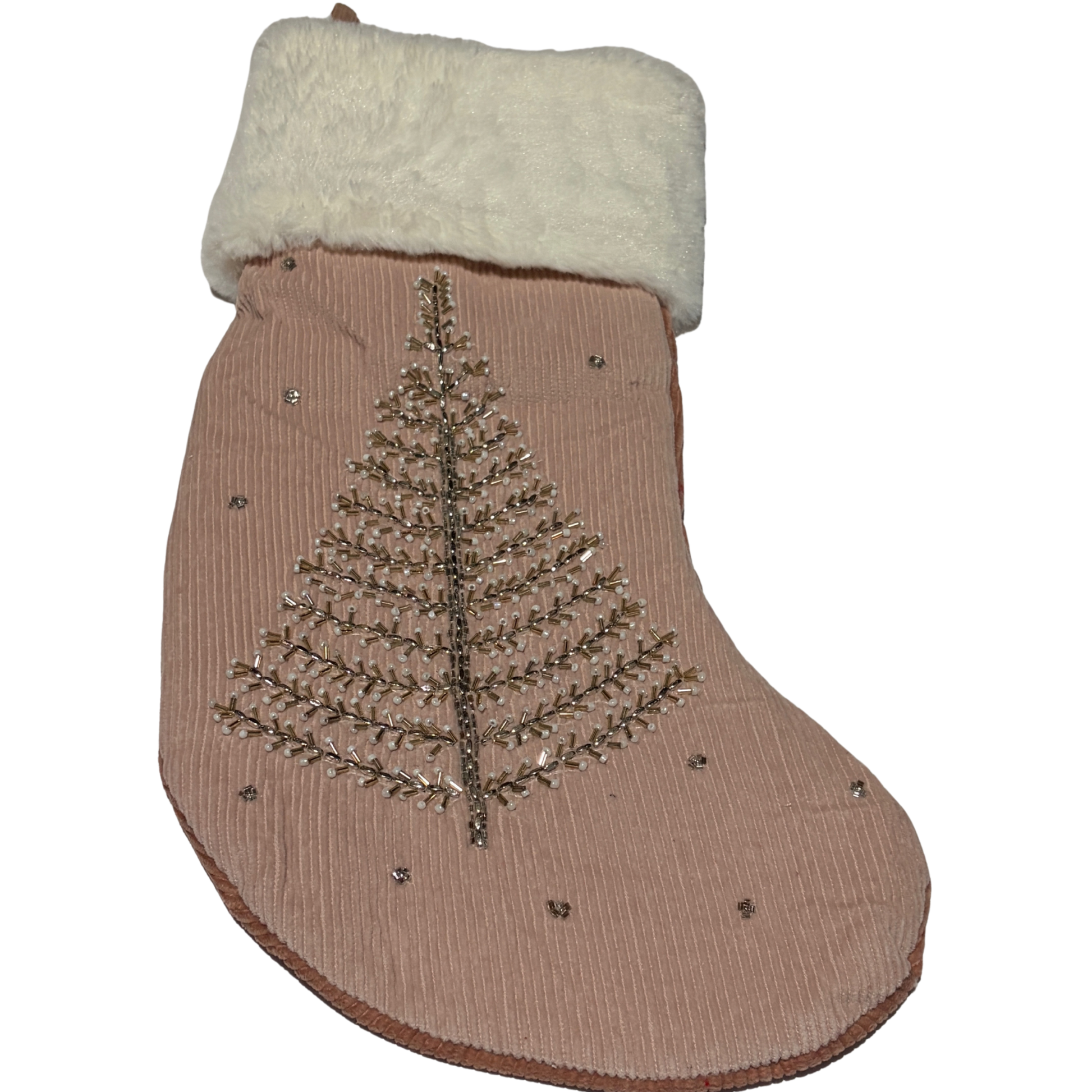 Pink corduroy Christmas stocking with beaded tree design and white faux fur cuff