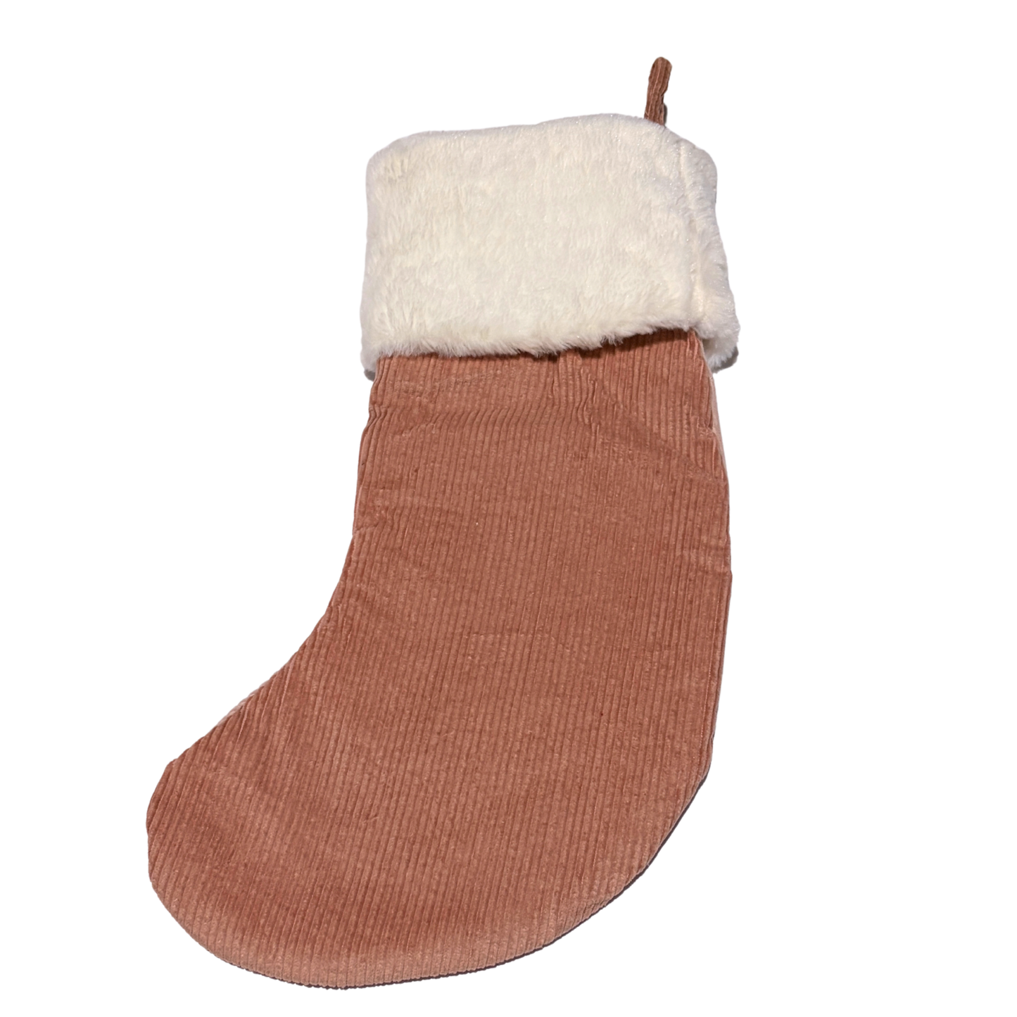 Pink corduroy Christmas stocking with beaded tree design and white faux fur cuff