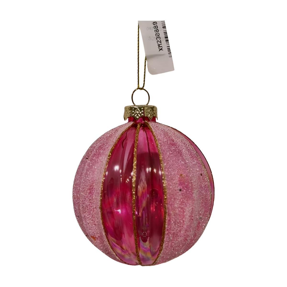 Pink glass Christmas bauble with alternating frosted and gloss stripe panels and gold glitter lines
