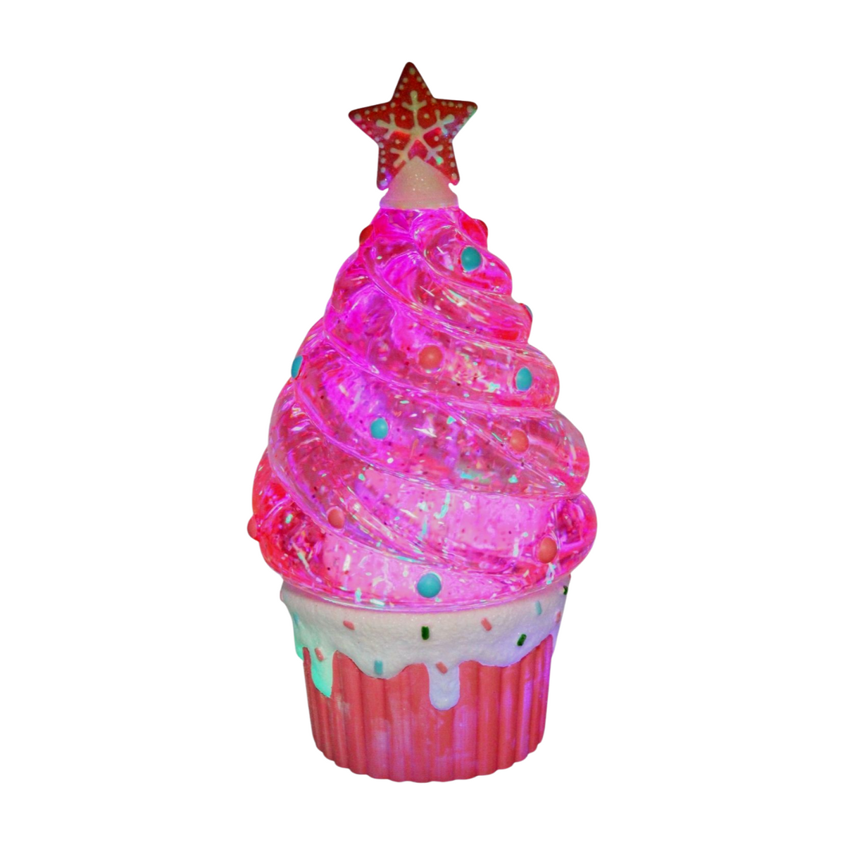 Illuminated pink glitter cupcake Christmas tree decoration glowing with star topper