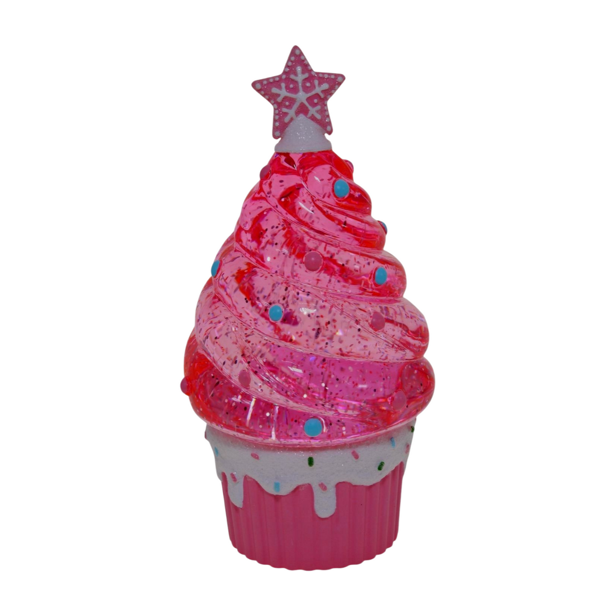 Pink glitter cupcake-shaped Christmas tree decoration with star topper and sprinkle base