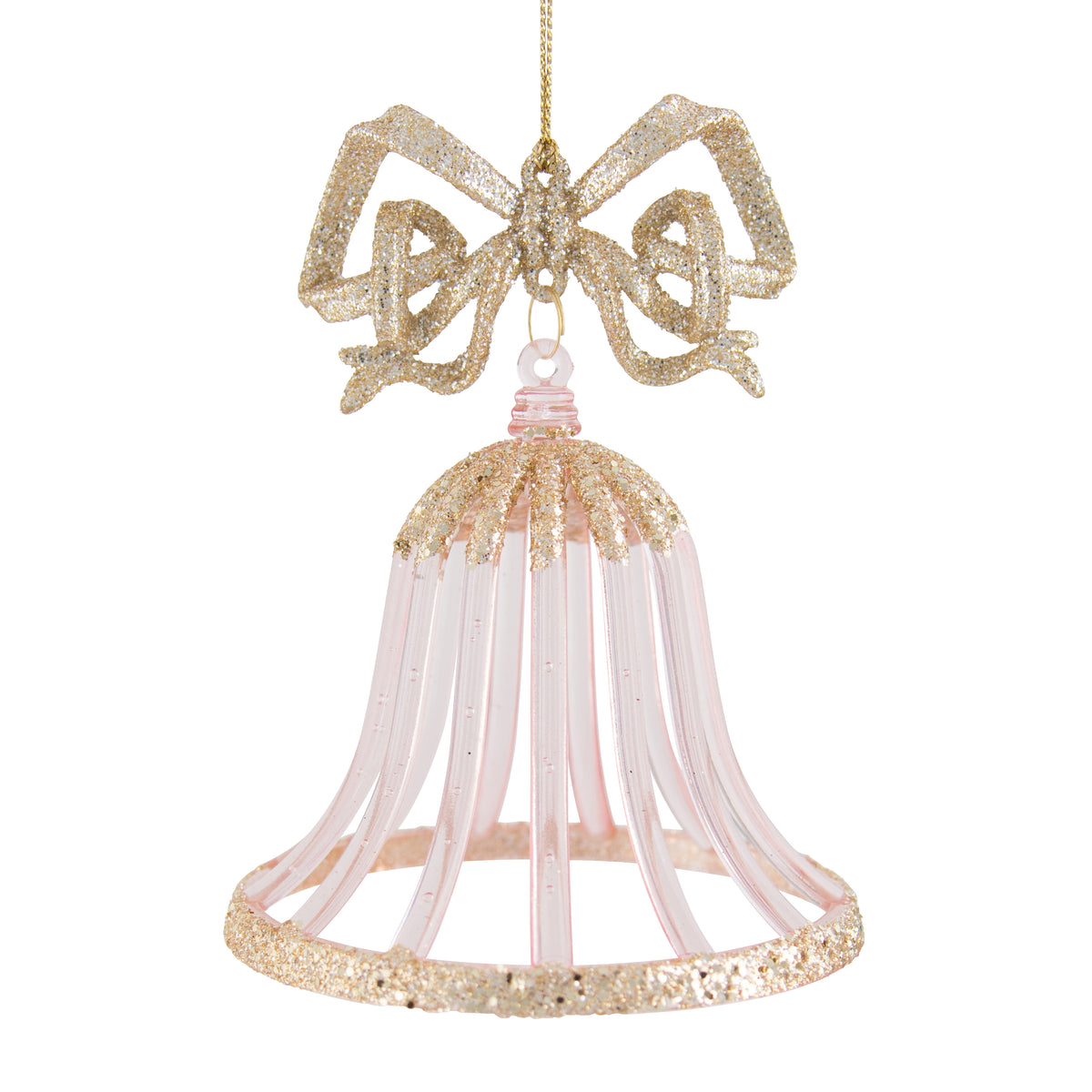 Pink and gold acrylic bell Christmas tree decoration with gold glitter rim and large ornate gold glitter bow