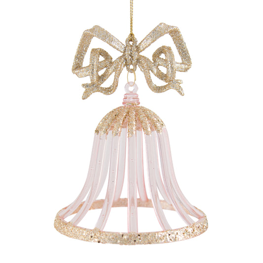 Pink and gold acrylic bell Christmas tree decoration with gold glitter rim and large ornate gold glitter bow