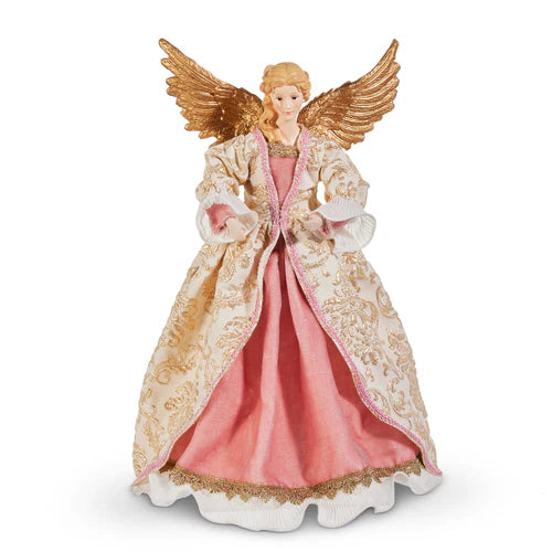 Luxury angel Christmas tree topper in a pink gown and cream gold brocade robe with outstretched gold wings